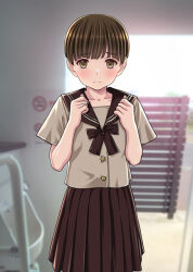  1girl bowl_cut brown_eyes brown_hair commentary_request cowboy_shot frown medium_skirt original photo_background pleated_skirt raised_inner_eyebrows ryunnu school_uniform serafuku short_hair skirt solo 
