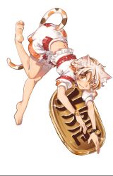  1girl animal_ears barefoot bell calico_(pattern) cat_ears cat_girl cat_tail closed_mouth coin commentary_request full_body gold goutokuji_mike highres jingle_bell koban_(gold) looking_at_viewer midriff multicolored_hair multicolored_shirt multicolored_skirt multicolored_tail orange_eyes patchwork_clothes puffy_short_sleeves puffy_sleeves rlwezar shirt short_hair short_sleeves simple_background skirt slit_pupils smile soles solo sparkle tail toes touhou white_background white_shirt white_skirt 