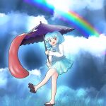  :d blue_eyes blue_hair blue_skirt blue_vest brown_footwear clouds cloudy_sky commentary_request full_body geta highres holding holding_umbrella karakasa_obake long_sleeves mixed-language_commentary outdoors purple_umbrella rain rainbow red_eyes shirt short_hair skirt sky smile tatara_kogasa tongue touhou umbrella vest white_shirt yoirone 