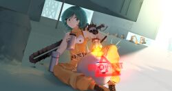  1girl absurdres anger_vein aqua_eyes aqua_hair belt boots chainsword closed_mouth coffee commentary cup english_commentary fire head-mounted_display highres holding holding_cup holding_lid hologram jumpsuit light_frown looking_at_object motion_lines motorslice multiple_moles on_ground orange_jumpsuit orb orbie outdoors overflowing p_(motorslice) percolator raised_eyebrows robot sand shade short_hair sign signature sitting sleeveless_jumpsuit spread_legs sword sword_on_back tomboy totamets turtleneck_jumpsuit vertical-striped_jumpsuit warning_sign weapon weapon_on_back 