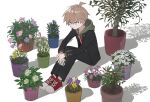  1boy black_jacket black_pants brown_hair cheeseko danganronpa:_trigger_happy_havoc danganronpa_(series) flower full_body green_hoodie grey_eyes hood hoodie jacket knees_up long_sleeves male_focus naegi_makoto open_clothes open_jacket pants pink_flower plant potted_plant red_footwear shoes short_hair simple_background sitting solo white_background white_flower white_footwear yellow_flower 