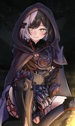  1girl absurdres armor black_bow black_cloak black_hair black_nails blue_armor blush bow cloak closed_mouth commentary earrings english_commentary feet_out_of_frame fingernails greaves grey_hair hair_bow highres hololive hololive_english hood hood_up hooded_cloak jewelry knee_up long_fingernails looking_at_viewer monster_hunter_(series) multicolored_hair multiple_rings nail_polish official_alternate_costume ring rinny_rin2 shiori_novella shiori_novella_(ebony_odogaron) short_hair sitting smile solo split-color_hair two-tone_hair virtual_youtuber yellow_eyes 