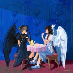  2girls alternate_costume angel_wings black_dress black_gloves black_hair black_shoes black_wings blue_eyes blue_shoes bonnet brown_hair cake chair closed_eyes columbina_(genshin_impact) cup dress eye_mask food fork genshin_impact gloves hair_ornament head_wings holding holding_cup holding_fork long_hair long_sleeves mask multicolored_hair multiple_girls multiple_wings purple_hair purple_wings ribbon sandrone_(genshin_impact) shoes sitting sofu_baru streaked_hair table tea two-tone_hair very_long_hair white_dress white_wings wing_hair_ornament wings yuri 