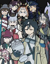  6+girls absurdres ahoge animal_ears asymmetrical_shirt beanie black_gloves black_hair blue_eyes blunt_bangs brown_eyes brown_hair coat dice dice_necklace dream_journey_(umamusume) ear_covers ears_through_headwear eyewear_strap fenomeno_(umamusume) glasses gloves goggles goggles_around_neck gold_ship_(umamusume) grey_hair grey_hat hair_between_eyes hair_ornament hand_puppet hat highres holding holding_trophy horse_ears horse_girl horseshoe_print jewelry long_hair lucky_lilac_(umamusume) marche_lorraine_(umamusume) mejiro_mcqueen_(umamusume) meme mismatched_ear_covers multicolored_hair multiple_girls nakayama_festa_(umamusume) necklace orange_hair orfevre_(umamusume) pillbox_hat puppet shirt side_ponytail stay_gold_(sunlit_outsider)_(umamusume) stay_gold_(umamusume) stay_gold_clan_(umamusume) streaked_hair striped_hat tail trophy umamusume viltrumite_group_shot_(meme) violet_eyes white_hair white_shirt wrist_belt yadana324 yellow_coat 