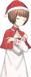  1girl arms_around_self bob_cut bow breasts brown_hair capelet chest_bow closed_eyes collarbone collared_capelet dress facing_viewer fingernails from_side frown fur-trimmed_headwear fur_trim game_asset hat high_collar huke long_sleeves nakase_katsumi official_art red_bow red_capelet red_hat sad santa_costume santa_dress santa_hat science_adventure short_hair small_breasts solo steins;gate steins;gate_0 tachi-e tomboy transparent_background white_dress 