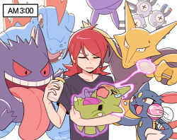  >_< 1boy afterimage alakazam alternate_costume baby_bottle black_shirt bottle chueog closed_eyes collarbone commentary crobat crying feraligatr gengar glowing highres holding holding_pokemon long_hair magneton male_focus motion_lines open_mouth pokemon pokemon_(creature) pokemon_heartgold_and_soulsilver pupitar rattle red_hair shirt short_sleeves sleepy sneasel spoon squeans t-shirt tears untranslatable_commentary white_background 