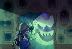  absurdres bowser broken_mirror commentary crown didy414 different_reflection english_commentary facial_hair fangs gloves glowing glowing_eyes highres king_boo looking_back luigi luigi's_mansion mario mirror mirror_selfie mustache overalls poltergust_3000 portrait_(object) princess_daisy princess_peach professor_elvin_gadd reflection selfie shaded_face super_mario_bros. toad_(mario) toadette white_gloves 
