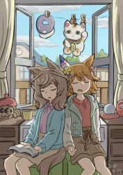  2girls animal_ears aqua_cardigan aqua_sweater blue_cardigan blue_sky book breasts brown_hair brown_shorts brown_skirt cardigan casual closed_eyes clothes_pin clothesline clouds clover_hair_ornament commentary_request crystal_ball cup daruma_doll ear_covers flipped_hair four-leaf_clover_hair_ornament hair_between_eyes hair_ornament hairclip hat highres holding holding_book horse_ears horse_girl horse_tail jacket koshiba_taiyaki long_sleeves maneki-neko matikanefukukitaru_(casual)_(umamusume) matikanefukukitaru_(umamusume) matikanetannhauser_(casual)_(umamusume) matikanetannhauser_(umamusume) medium_hair multiple_girls open_mouth orange_hair pink_shirt shirt short_hair shorts single_ear_cover sitting skirt sky striped_clothes striped_jacket stuffed_animal stuffed_spider stuffed_toy sweater tail umamusume unworn_hat unworn_headwear vertical-striped_clothes vertical-striped_jacket window 