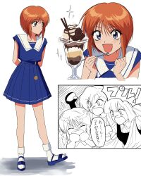  3girls angry arms_behind_back blue_eyes blue_sandals blue_shirt blue_skirt chocolate cup drinking_glass elle_vianno elpeo_puru flying_sweatdrops food gundam gundam_zz hands_up highres holding holding_spoon ice_cream long_hair looking_at_food multiple_girls multiple_views open_mouth orange_hair parfait parfait_glass pleated_skirt roux_louka sailor_collar sandals shirt short_hair skirt sleeveless sleeveless_shirt smile socks sparkle speech_bubble spoon standing tank_top translation_request tsubakiohana02 v-shaped_eyebrows white_background white_sailor_collar white_socks 