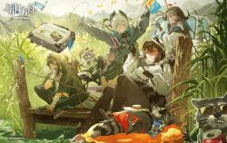  4girls ^_^ animal_ears animal_hands arknights bird_girl black_feathers black_hair black_jacket black_pantyhose blue_eyes breasts brown_hair brown_leggings closed_eyes copyright_logo copyright_notice cow_ears cow_girl cow_horns dark-skinned_female dark_skin denim denim_shorts extra_arms feathers fishing fishing_rod flint_(arknights) flower flower_on_head freckles gloves grey_hair hair_between_eyes head_on_hand head_rest head_wings highres holding holding_fishing_rod hood hood_up horns indian_style jacket large_breasts leg_up leggings logo medium_breasts motor_vehicle multicolored_gloves multiple_girls official_art open_clothes open_jacket pallas_(arknights) palms_together pantyhose pantyhose_under_shorts polka_dot polka_dot_shirt profile raccoon raccoon_ears raccoon_girl raccoon_tail raidian_(arknights) red_flower red_rose reeds rhodes_island_uniform river robin_(arknights) rose scar scar_on_cheek scar_on_face shirt short_hair short_hair_with_long_locks short_shorts shorts sitting suitcase tail truck two-sided_fabric two-sided_gloves two-sided_jacket two-tone_gloves veil visor_cap wetland wings wrist_wrap xiaolumiaoliya yellow_eyes 
