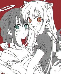  2girls angel back_cutout blush cho_kaguya-hime! choker clothing_cutout commentary_request demon demon_horns demon_wings fang from_side green_eyes halo highres horns kaguya_(cho_kaguya-hime!) korean_commentary limited_palette long_hair looking_at_viewer mole mole_under_eye multiple_girls newminsam red_background sakayori_iroha short_sleeves sketch small_sweatdrop upper_body wings 