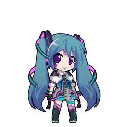  1girl aqua_belt arms_at_sides belt chibi chibi_only copyright_request dress full_body hair_ribbon hatsune_miku hatsune_miku_graphy_collection leg_belt legs_apart multicolored_eyes necktie neon_trim pigeon-toed ribbon short_dress short_necktie solo standing vaporwave vocaloid 