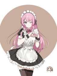  2girls ;) absurdres alternate_costume apron bang_dream! bang_dream!_it's_mygo!!!!! black_dress black_thighhighs blue_eyes blush bow bowtie brown_hair brown_thighhighs chihaya_anon closed_mouth cowboy_shot dress enmaided frilled_apron frilled_dress frills grey_eyes heart heart_hands highres long_hair looking_at_viewer maid maid_apron maid_headdress multiple_girls nagasaki_soyo one_eye_closed pink_bow pink_hair puffy_short_sleeves puffy_sleeves short_sleeves sidelocks simple_background smile solo_focus thigh-highs white_apron white_background wrist_cuffs zb14978 zettai_ryouiki 