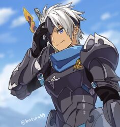  1boy absurdres alphen_(tales) armor black_armor black_gloves black_mask blue_eyes blurry blurry_background broken_mask closed_mouth clouds day gloves highres katsura_ichiho looking_at_viewer male_focus mask mask_over_one_eye outdoors sky solo spiky_hair sword sword_on_back tales_of_(series) tales_of_arise twitter_username weapon weapon_on_back white_hair 