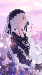  1girl black_bow black_dress blurry blush bow chinese_commentary commentary_request depth_of_field dress flower full_body hair_over_one_eye hairband highres light_particles logo lolita_hairband long_hair long_sleeves mahou_shoujo_no_majo_saiban natsume_an-an off-shoulder_dress off_shoulder parted_lips solo violet_eyes white_hair yun_cao_bing 