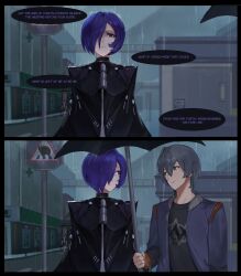  1girl 2boys absurdres black_cloak black_umbrella building cloak closed_mouth commentary english_commentary english_text green_eyes grey_hair grey_sky hair_over_one_eye highres holding holding_umbrella hospital looking_at_another multiple_boys outdoors overcast promeia_(zenless_zone_zero) purple_hair rain shared_umbrella sky smile umbrella upper_body violet_eyes waoow water_drop wet wet_clothes wet_hair wise_(zenless_zone_zero) zenless_zone_zero 
