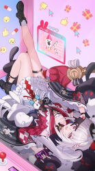  1girl absurdres black_boots black_choker black_gloves black_hat black_sleeves boots cellphone choker clothing_cutout collarbone commentary cursor doll feet_up frilled_skirt frills gloves hat heart_emoji highres holding holding_phone honkai:_star_rail honkai_(series) kurosti leg_up long_hair long_sleeves looking_at_viewer lying mini_hat on_back open_mouth phone pill pink_eyes red_sleeves screen shoulder_cutout single_glove single_sock skirt smile socks solo sparkle_(honkai:_star_rail) sparxie_(honkai:_star_rail) thigh_strap thumbs_up_emoji twintails two-tone_sleeves v white_hair white_skirt white_socks wide_sleeves 