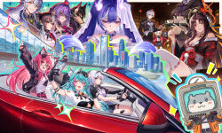  2boys 6+girls absurdres animal_ear_fluff animal_ears baicang_(neverness_to_everness) black-framed_eyewear black_gloves black_hair black_jacket body_fur brown_fur car cat_ears cat_girl cellphone cup daffodil_(neverness_to_everness) driving fadia_(neverness_to_everness) female_esper_zero_(neverness_to_everness) fingerless_gloves furry furry_male glasses gloves highres holding holding_cup holding_phone hotori_(neverness_to_everness) jacket lacrimosa_(neverness_to_everness) long_hair looking_at_viewer male_esper_zero_(neverness_to_everness) mint_(neverness_to_everness) motor_vehicle multiple_boys multiple_girls nanally_(neverness_to_everness) neverness_to_everness phone purple_hair red_eyes red_hair sakiri_(neverness_to_everness) skia_(neverness_to_everness) smartphone teacup very_long_hair yyumio 