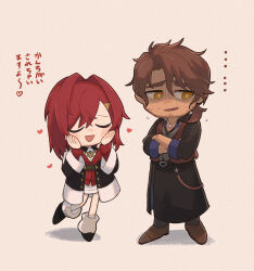  ... 1boy 1girl :d ameiro_tamanegi ange_katrina ange_katrina_(1st_costume) ankle_boots averting_eyes belmond_banderas belmond_banderas_(1st_costume) black_boots black_coat black_overskirt black_shirt blush_stickers boots bright_pupils brown_background brown_hair brown_shoes brown_vest chibi chibi_only closed_eyes coat commentary_request crossed_arms curtained_hair dark-skinned_male dark_skin facial_hair flying_sweatdrops hair_intakes hair_ornament hands_on_own_cheeks hands_on_own_face hands_up heart highres jewelry long_hair long_sleeves lovestruck nijisanji off_shoulder open_mouth orange_eyes overskirt pendant raised_inner_eyebrows red_hair red_shirt shaded_face shirt shoes single_suspender_hanging sleeves_rolled_up smile standing standing_on_one_leg stubble translation_request triangle_hair_ornament vest virtual_youtuber white_boots white_pupils 