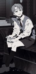  1boy black_necktie black_shorts commentary_request grey_eyes grey_hair grey_shoes grey_vest holding holding_knife holding_toy ian_(witch's_island) knife korean_commentary male_focus necktie official_art open_mouth ppotatornado shoes short_hair shorts sitting solo toy vest witch's_island 