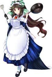  1girl alternate_costume apron asymmetrical_legwear black_gloves black_shoes blue_cape blue_dress bow bowtie brown_hair cape chest_eye closed_mouth dress enmaided frying_pan full_body game_asset gloves green_bow hair_bow highres holding holding_frying_pan holding_spatula long_sleeves looking_at_viewer maid maid_apron maid_headdress mismatched_legwear missing_wings official_art red_eyes reiuji_utsuho rotte_(1109) shoes simple_background single_glove smile solo spatula third-party_source third_eye touhou touhou_lostword transparent_background two-sided_cape two-sided_fabric white_apron white_bow white_bowtie white_cape 