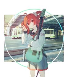  1girl absurdres adapted_costume ahoge belt black_belt blue_sailor_collar border bow breasts bridge circle closed_mouth clothes_writing collarbone collared_shirt commentary crossed_bangs day dot_mouth dress_shirt drill_hair electric_guitar feet_out_of_frame fender_telecaster grey_skirt guard_rail guitar guitar_strap hair_between_eyes hand_up head_tilt highres holding holding_guitar holding_instrument instrument kano_(kano4) kasane_teto kasane_teto_(sv) light_blush long_hair looking_at_viewer neckerchief outdoors outside_border photo_background red_eyes red_hair red_neckerchief red_trim road sailor_collar school_uniform serafuku shirt sidewalk skirt small_breasts solo standing street synthesizer_v train twin_drills untranslatable_commentary utau w waving white_border white_bow white_shirt 