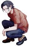  1boy aged_down androgynous black_eyes black_hair crocodile_(one_piece) hair_slicked_back highres looking_at_viewer male_child male_focus one_piece red_shirt shirt short_hair short_sleeves simple_background solo squatting white_background yadu_nadu 