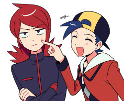  2boys :d backwards_hat black_hat black_jacket black_shirt cheek_poking chueog closed_eyes closed_mouth cowlick crossed_arms ethan_(pokemon) hand_up hat jacket korean_text light_blush long_hair long_sleeves male_focus multiple_boys open_mouth pokemon pokemon_heartgold_and_soulsilver poking red_hair red_jacket shirt silver_(pokemon) simple_background smile strap translation_request white_background 