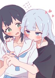  2girls black_hair black_shirt blue_eyes cho_kaguya-hime! collarbone commentary_request flying_sweatdrops green_eyes grey_hair hand_on_another's_shoulder hatafuta heart interlocked_fingers looking_at_another multicolored_hair multiple_girls open_mouth pink_hair runami_yachiyo sailor_collar sakayori_iroha shirt short_sleeves simple_background two-tone_hair upper_body white_background white_shirt yuri 