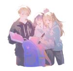  1boy 2girls backpack bag blonde_hair blue_eyes brother_and_sister family highres holding hood hoodie hoshino_ai_(oshi_no_ko) hoshino_aquamarine hoshino_ruby hug long_hair long_sleeves mother_and_daughter mother_and_son multiple_girls open_mouth oshi_no_ko purple_hair short_hair siblings smile star-shaped_pupils star_(symbol) star_in_eye symbol-shaped_pupils symbol_in_eye tot_7399 