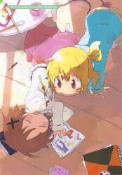  2girls artist_name blonde_hair blue_shirt blush brown_eyes brown_hair cardigan closed_eyes cup dirty dirty_clothes facepaint green_pants hair_ornament hashimoto_shin hidamari_sketch highres hole_in_sock long_sleeves lying magazine_(object) miyako_(hidamari_sketch) mug multiple_girls notebook on_floor on_side open_mouth paint_on_clothes paintbrush painting_(action) pants pencil pink_skirt ponytail scan shirt short_hair skirt sleeping smile socks sunlight third-party_source upper_body upside-down white_cardigan x_hair_ornament yuno_(hidamari_sketch) 