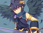  1boy angel angel_wings armband armlet black_hair blurry blurry_background bow_(weapon) dark_pit feathered_wings feathers grin holding holding_bow_(weapon) holding_weapon kid_icarus kid_icarus_uprising laurel_crown looking_at_viewer male_focus red_eyes simple_background smile solo weapon wings wusagi2 