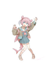  1girl :d absurdres animal_bag backpack bag blue_eyes blue_shirt blue_skirt brown_jacket claw_pose collarbone double_bun fang fins fish_tail full_body hair_bun hand_up highres jacket long_sleeves looking_at_viewer miniskirt multicolored_hair neckerchief open_clothes open_mouth original pink_hair pleated_skirt sailor_collar school_uniform serafuku shirt shoes short_hair simple_background skin_fang skirt smile sneakers solo standing tail tyaui_(xjju4435) white_background 