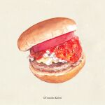  artist_name bun_(food) burger food food_focus kuboitomoko meat mos_burger no_humans painting_(medium) simple_background still_life tan_background tomato traditional_media watercolor_(medium) 