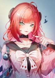  1girl absurdres blue_background blush braid braided_twintails breasts cardigan chest_bow green_eyes hair_ornament heart highres jelmul long_hair looking_at_viewer pointing pointing_at_self red_hair simple_background smile solo sphere_hair_ornament twin_braids twintails ukinami_yuzuha upper_body zenless_zone_zero 