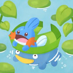  brown_eyes check_commentary closed_mouth commentary_request highres leaf lily_pad lotad mudkip mudskipper no_humans open_mouth outdoors partially_submerged plant plant_monster pokemon pokemon_(creature) pokemon_focus riding riding_pokemon ririko_(nagareboshi) swimming water 