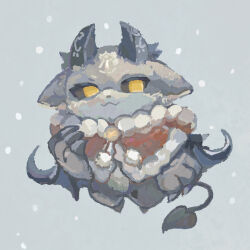  1other :3 ameiro_tamanegi animal_nose black_sclera chibikemo claws cloak closed_mouth colored_sclera commentary_request debidebi_debiru demon_horns demon_tail demon_wings facial_mark forehead_mark full_body fur-trimmed_cloak fur_trim grey_background grey_horns grey_tail grey_wings hand_up highres horns nijisanji no_pupils red_cloak snowing solo tail virtual_youtuber wings yellow_eyes 
