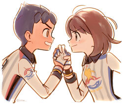  1boy 1girl brown_hair chueog closed_mouth collared_shirt commentary_request cropped_torso dynamax_band eye_contact gloria_(pokemon) gloves grin gym_challenge_uniform holding_hands hop_(pokemon) korean_commentary looking_at_another pokemon pokemon_sword_and_shield shirt short_hair simple_background smile teeth white_background yellow_eyes 