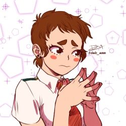  1girl alternate_hair_length_(shorter) blush blush_stickers boku_no_hero_academia brown_eyes brown_hair clip_studio_paint_(medium) closed_mouth collared_shirt commentary debby-san earrings english_commentary eyelashes fingernails highres jewelry necktie own_hands_together pixie_cut red_necktie shirt short_hair short_sleeves signature solo thick_eyebrows twitter_username uraraka_ochaco very_short_hair white_shirt 
