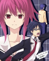  1girl 2boys black_jacket blazer blue-framed_eyewear blue_eyes blue_hair brown_jacket chaos;child chaos;head chest_bow collarbone collared_shirt commentary_request dress_shirt evil_eyes evil_smile from_behind glasses hekiho_academy_school_uniform highres in-franchise_crossover jacket lapels miyashiro_takuru multiple_boys necktie nishijou_takumi notched_lapels onoe_serika open_clothes open_jacket open_mouth pants pink_eyes pink_hair plaid_clothes plaid_pants purple_pants raven_elia red_necktie sailor_collar school_uniform science_adventure shirt short_hair short_hair_with_long_locks shouting smile spoilers suimei_academy_school_uniform tongue white_sailor_collar white_shirt winter_uniform 