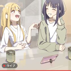  2girls ahoge auklet5580 black_hair blonde_hair cellphone chair cho_kaguya-hime! closed_eyes cup facing_another grin hand_on_own_cheek hand_on_own_face hand_on_own_stomach head_rest highres kaguya_(cho_kaguya-hime!) livestream long_hair long_sleeves looking_at_another mole mole_under_eye multiple_girls open_mouth phone phone_stand red_eyes sakayori_iroha smile translated upper_body 