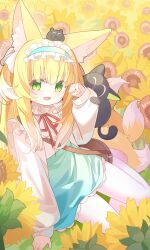  1girl absurdres animal_ears arknights black_cat blonde_hair blue_hairband cat commentary flower fox_ears fox_girl fox_tail frilled_hairband frills green_eyes hairband heixiu highres long_hair long_sleeves luo_xiaohei luo_xiaohei_(cat) neck_ribbon ningmeng_jing_jing_jing_jing official_alternate_costume pantyhose red_ribbon ribbon shirt skirt suzuran_(arknights) suzuran_(spring_praise)_(arknights) tail the_legend_of_luo_xiaohei white_pantyhose white_shirt 