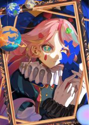  1girl blue_eyes checkered_clothes checkered_hat closed_mouth club_(shape) commentary_request diamond_(shape) flahmm8hrd6447 gloves hat heterochromia highres jester jester_cap jikishirone long_hair long_sleeves madan_no_ichi multicolored_hair neck_ruff picture_frame pink_hair puffy_sleeves spade_(shape) streaked_hair striped_clothes striped_headwear vertical-striped_clothes vertical-striped_headwear yellow_eyes zooming_in 