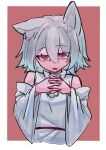  1girl 9302w_(user_wjpg8475) animal_ears bare_shoulders border cropped_torso highres inubashiri_momiji looking_at_viewer open_mouth own_hands_together pink_background red_eyes shirt solo touhou upper_body white_border white_hair white_shirt white_sleeves wolf_ears wolf_girl 