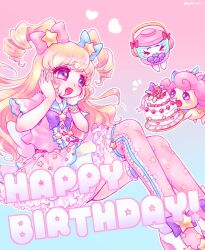  1girl artist_name birthday_cake blonde_hair blue_bow bow bowtie cake character_request commentary_request copyright_request curly_hair dress food hair_bow hands_on_own_face happy_birthday heart holding holding_cake holding_food long_hair pink_bow pink_dress pink_thighhighs purple_bow purple_bowtie pyon_ko star_ornament thigh-highs violet_eyes 