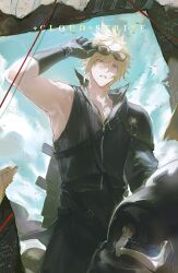  1boy black_gloves blonde_hair blue_eyes blue_sky character_name cloud_strife clouds cloudy_sky commentary cowboy_shot detached_sleeves fenrir_(final_fantasy) final_fantasy final_fantasy_vii final_fantasy_vii:_advent_children gloves goggles goggles_on_headwear highres looking_at_viewer male_focus mors_gn motor_vehicle motorcycle outdoors parted_lips popped_collar shirt short_hair single_bare_shoulder single_detached_sleeve single_shoulder_pad sky sleeveless sleeveless_shirt solo spiky_hair 