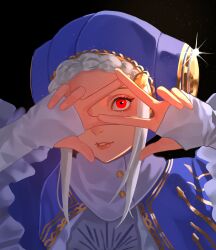  1girl absurdres black_background braid capelet commentary crown_braid doshidenamae double_v escoffion glowing glowing_eye hands_up highres ingrid_(capcom) lips looking_at_viewer one_eye_covered parted_lips purple_capelet red_eyes smile solo street_fighter street_fighter_6 v v_over_eye white_hair 