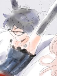  1boy armpits arms_up aro9mag bare_shoulders belt belt_buckle black-framed_eyewear black_belt black_dress black_gloves black_hair buckle chest_tattoo closed_eyes closed_mouth commentary_request cross-laced_clothes cross-laced_dress crossdressing crossdressing_(mtf) dress elbow_gloves frilled_dress frills gatchaman_crowds glasses gloves grey_background hair_between_eyes lying male_focus ninomiya_rui on_back on_bed short_dress short_hair sidelocks sketch solo strapless strapless_dress stretching studded_belt tattoo tearing_up translation_request trap unworn_wig v-shaped_eyebrows waking_up wig 