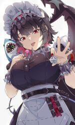  1girl absurdres alternate_breast_size_(larger) apron bangboo_(zenless_zone_zero) black_dress black_hair breasts candy chain coin commentary_request dress ellen_joe fins fish_tail food frilled_apron frilled_hairband frills hair_ornament hairband highres holding holding_candy holding_coin holding_food holding_lollipop large_breasts large_tail lollipop looking_at_viewer maid maid_apron maid_headdress mole mole_under_eye nail_polish open_mouth puffy_short_sleeves puffy_sleeves red_eyes red_nails shark_girl shark_tail sharkboo_(zenless_zone_zero) sharp_teeth short_hair short_sleeves simple_background tail teeth waist_apron white_apron white_background yuune_udonge zenless_zone_zero 