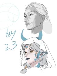  2girls art_study blue_gem blue_horns blue_lips blue_skin braid braided_hair_rings chinese_commentary circlet closed_mouth colored_skin commentary_request dragon_girl dragon_horns east_asian expressionless eyeshadow forehead_jewel gem gold_circlet grey_hair hair_over_shoulder hair_rings hair_tubes happy head_only highres horns horns_through_headwear infinity_nikki light_smile lipstick long_hair looking_ahead looking_at_viewer makeup medael_(infinity_nikki) miluojiang multicolored_skin multiple_girls nikki_(series) nostrils old old_woman original partially_colored pointy_ears pointy_nose procreate_(medium) simple_background single_braid slit_pupils thick_lips two-tone_skin veil white_background white_veil yellow_eyes yellow_eyeshadow 